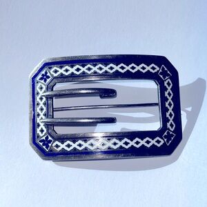 Antique Edwardian Blue and White Enamel Sterling Brooch Buckle